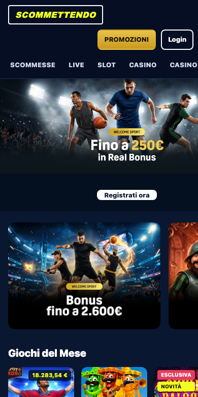 App Scommettendo — home con bonus e giochi del mese
